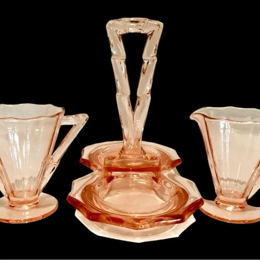 Vintage Cambridge Decagon Pink Depression Glass Sugar Creamer & Tray 1920’s